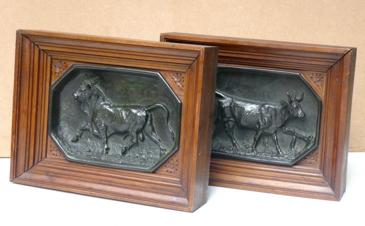 Pair Of Bronzes By Christophe Fratin: Couple Of Bulls, Signed Dated, 1864-photo-2