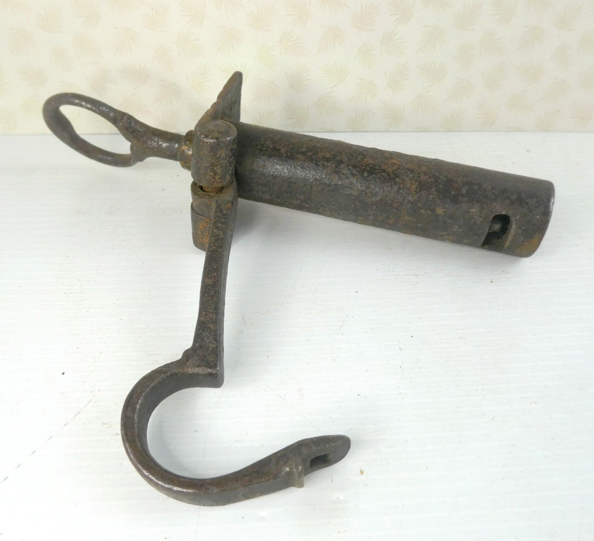 Cylindrical Wrought Iron Padlock, Its Screw Key, Germany 18th Century-photo-2