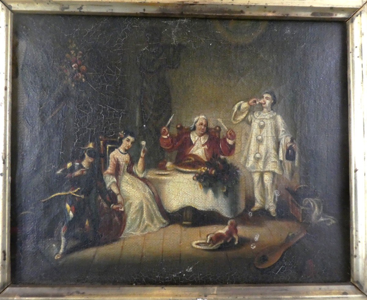 Comedia Del Arte: Pair Of Small Miniature Paintings, Oil On Canvas, 19th Century-photo-2