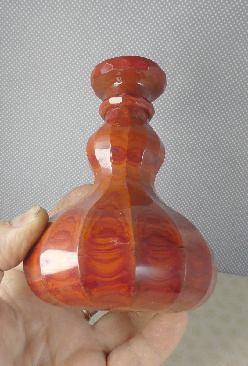 Bohemian Lithyaline, Circa 1840, Beautiful Veined Red Bottle Base, Cut Ofn Sides.-photo-3