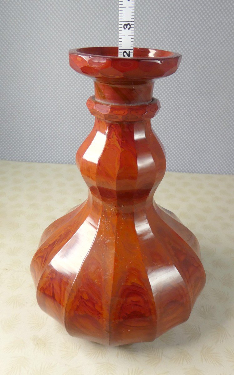 Bohemian Lithyaline, Circa 1840, Beautiful Veined Red Bottle Base, Cut Ofn Sides.-photo-1