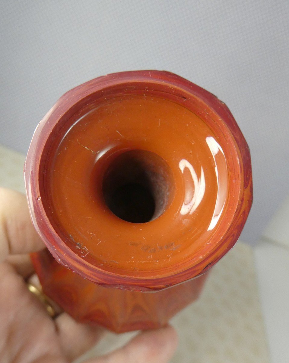 Bohemian Lithyaline, Circa 1840, Beautiful Veined Red Bottle Base, Cut Ofn Sides.-photo-2