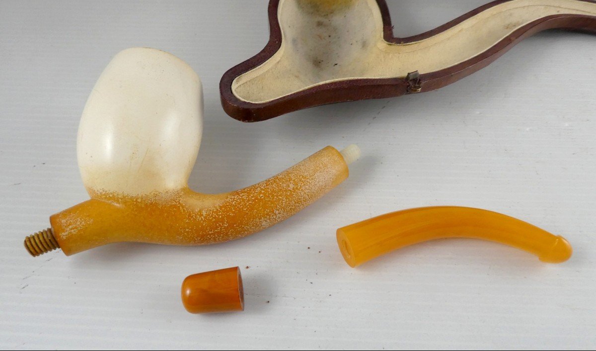 Pretty Collectible Meerschaum And Amber Pipe, Late 19th C  In Case, Good Condition-photo-3