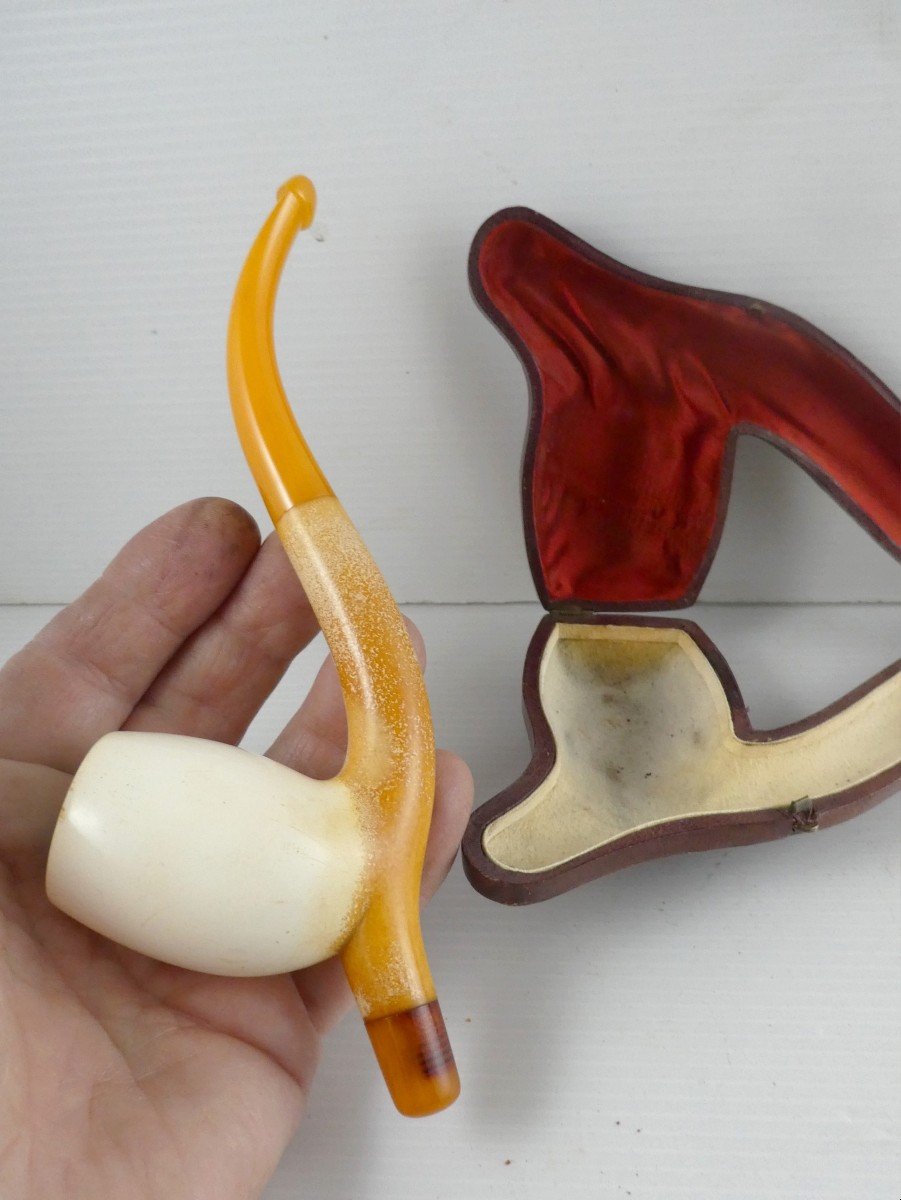 Pretty Collectible Meerschaum And Amber Pipe, Late 19th C  In Case, Good Condition-photo-1