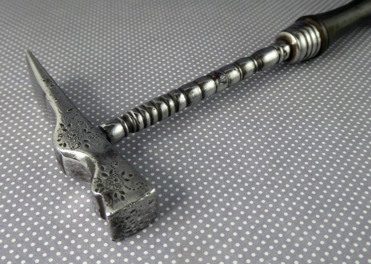 Precious French Armorer's Or Goldsmith's Hammer , Engraved Turned Steel, 19th Century-photo-4