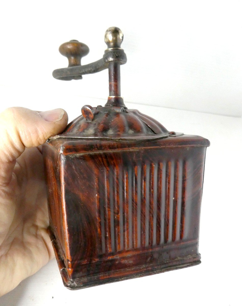 Faux Rosewood Painted Tin Coffee Grinder, Japy, Circa 1900, Superb Condition