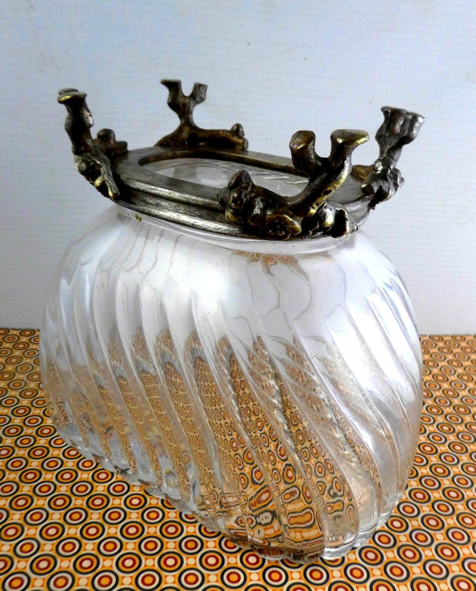 Coupe Cristal Torsadé, Montée Bronze Aux Fleurs De Cerisier, Vers 1880-photo-2