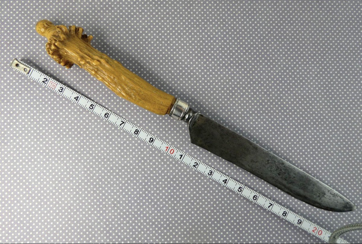 Couteau De Chasseur à Personnage, Bois De Chevreuil Et Acier, 18e Siècle-photo-3