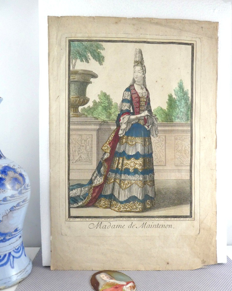 Mme De Maintenon, Gravure De Mode Enluminée, époque Louis XIV