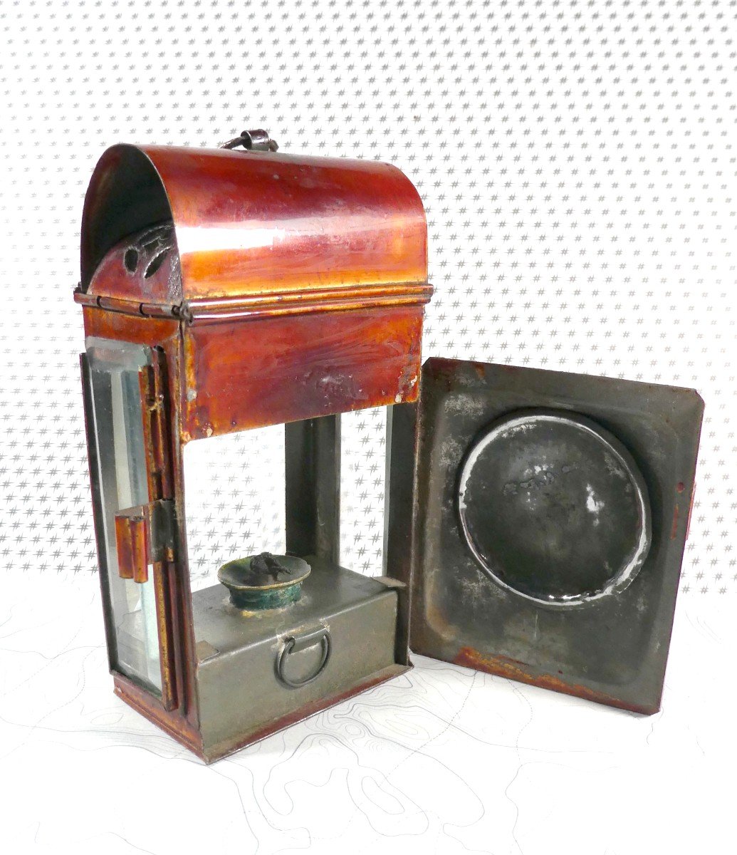 Small Oil Lantern, 19th Century, Enamelled Copper, Pocket Model-photo-3