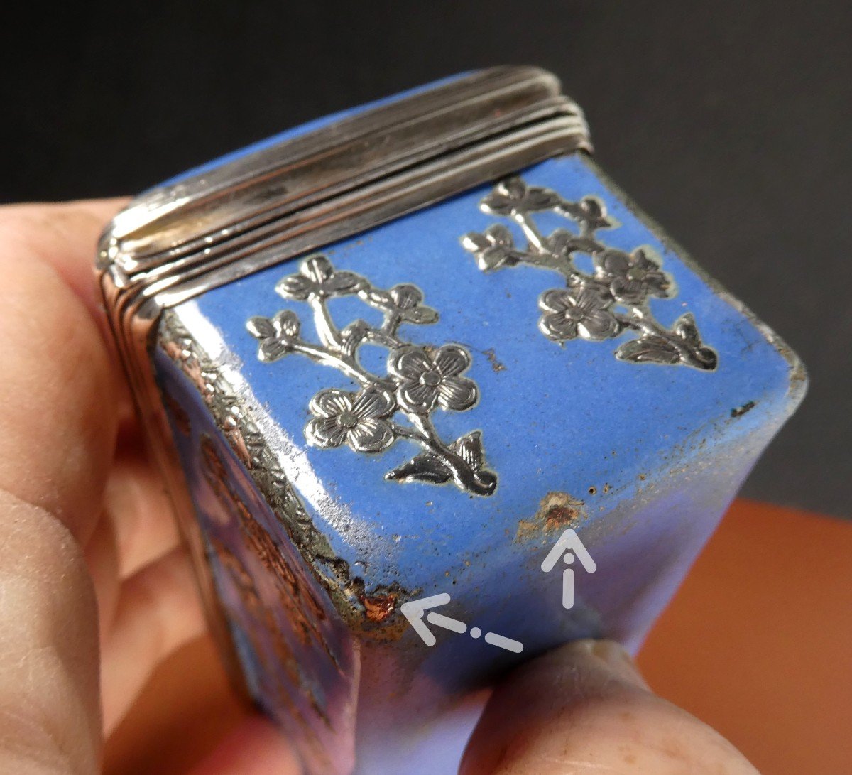 Longue Boîte époque Louis XV, Montée Argent, Bleu Romarin, émail De Saxe-photo-3