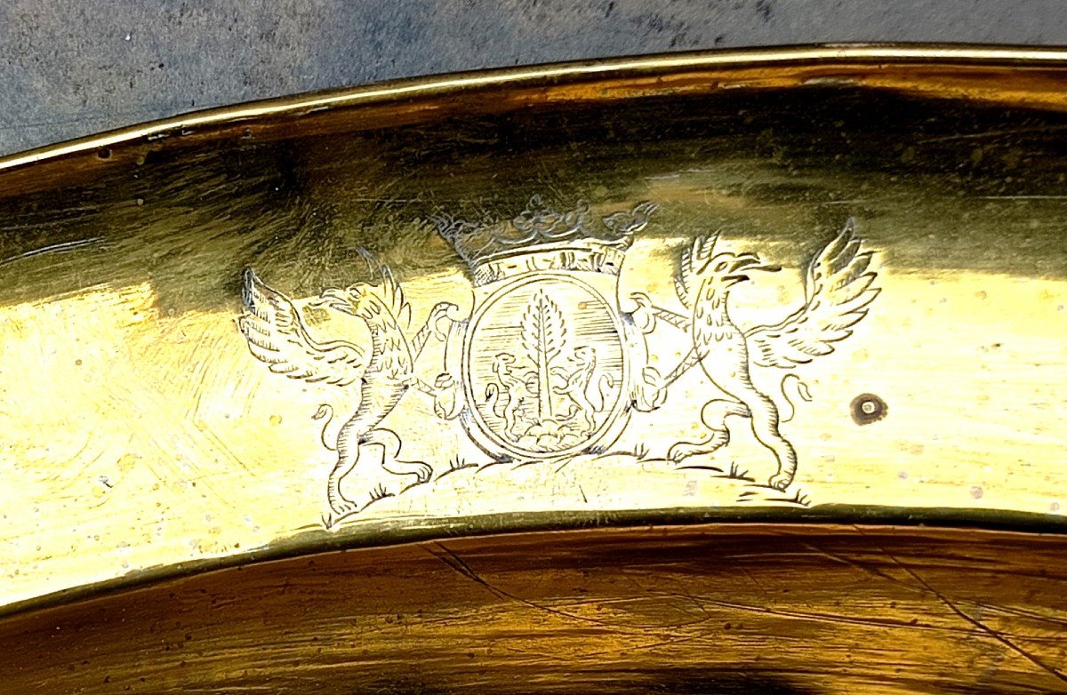 Large Beard Dish Engraved  Marquis Coat Of Arms,  Louis XV, Formerly Silver Plated.-photo-4