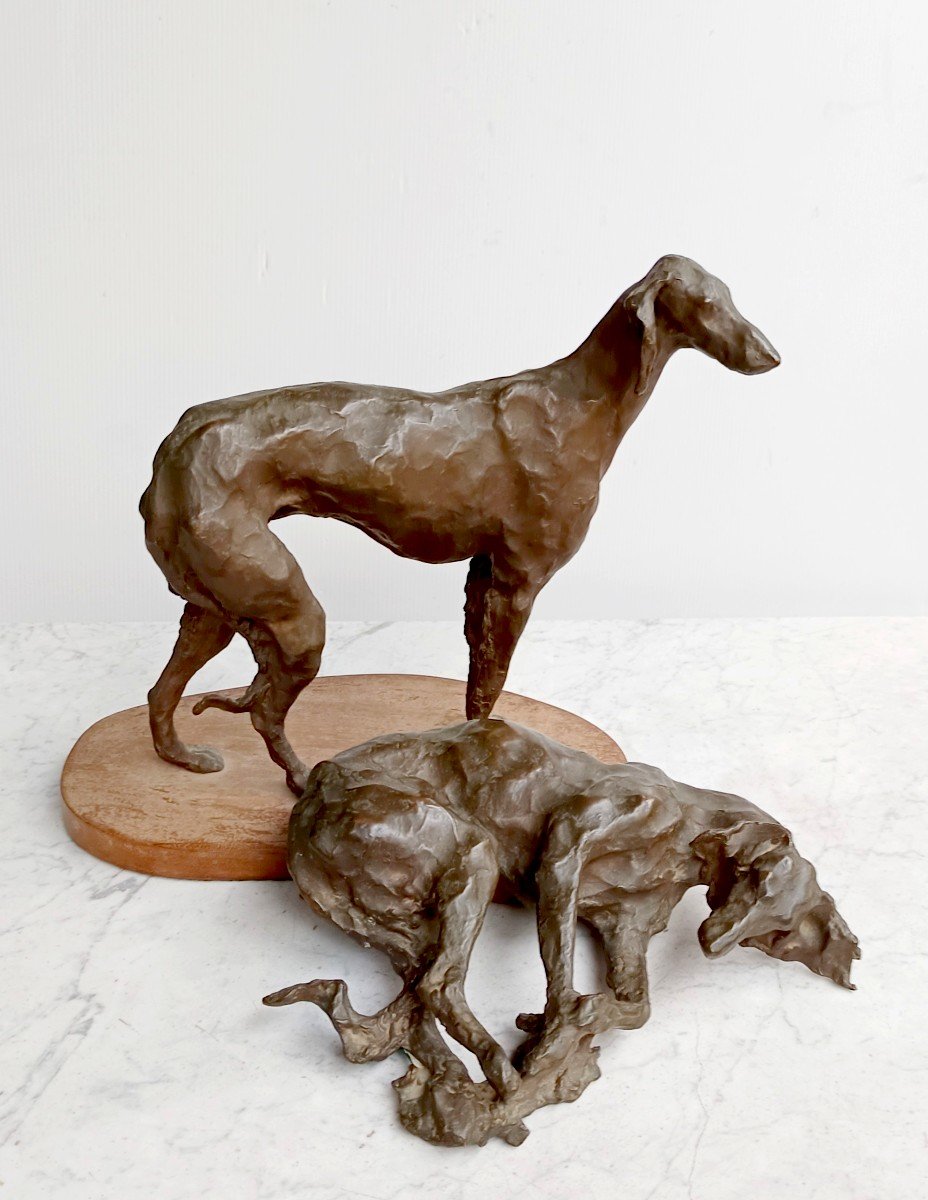 Two Large Bronze Greyhounds, Contemporary Sculpture, 2/10, Lissa Borkowski