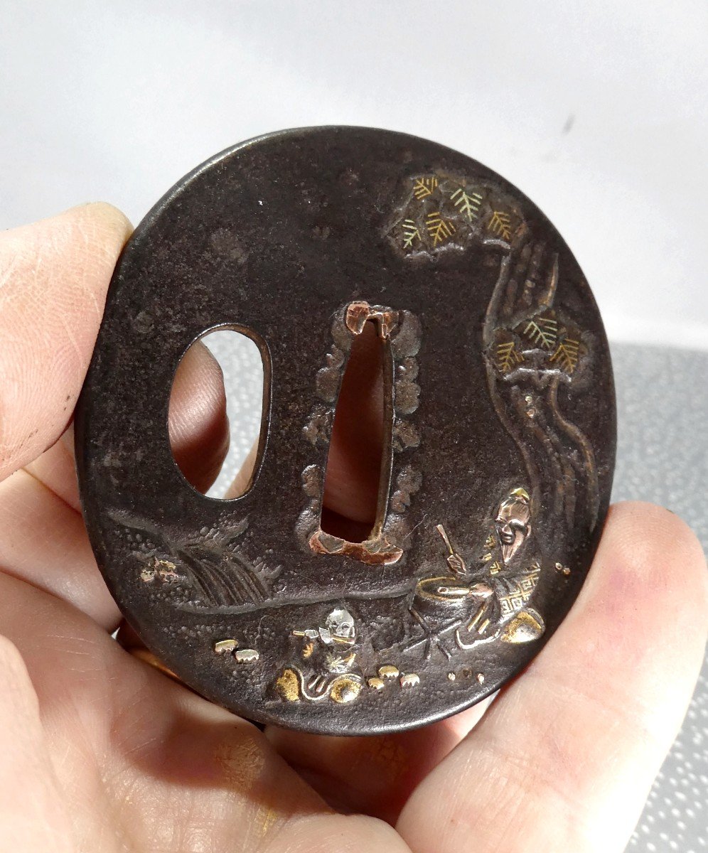 Tsuba Musicians, Edo Period, Shakudo Of Good Quality-photo-2