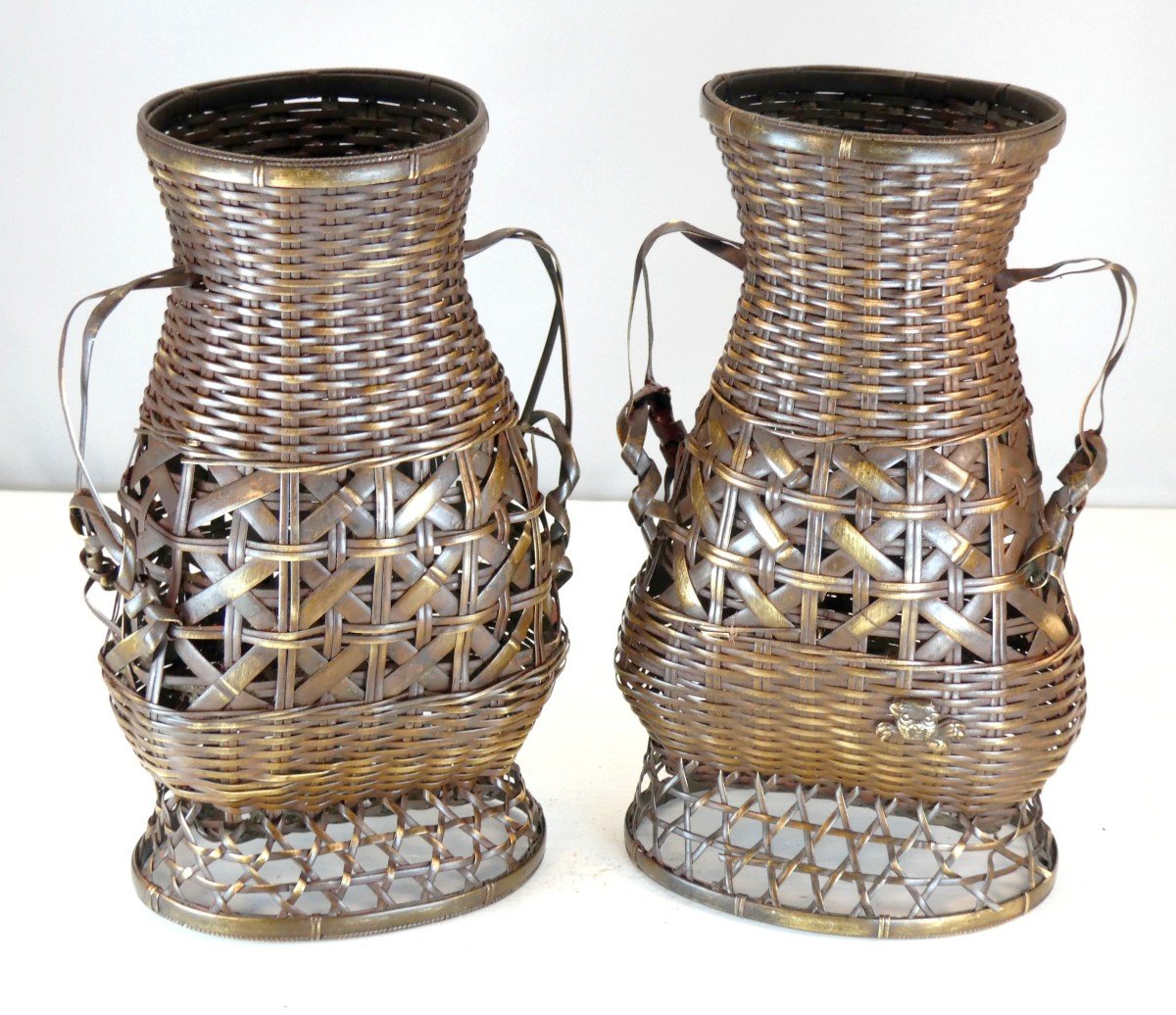 Paire De Paniers à Crabes, Vases Laiton Tressé, Japon, 19e Siècle,-photo-2