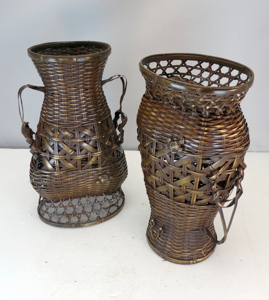 Paire De Paniers à Crabes, Vases Laiton Tressé, Japon, 19e Siècle,-photo-3