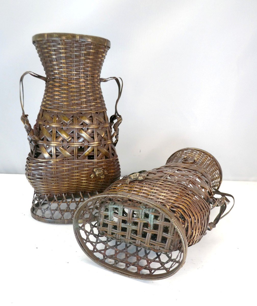 Paire De Paniers à Crabes, Vases Laiton Tressé, Japon, 19e Siècle,