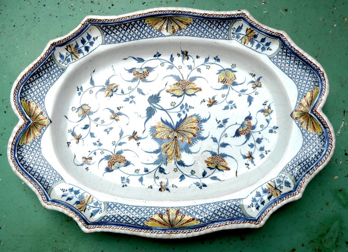 Huge Rouen Dish, Indian Flower Decor,  Beautiful Condition. (at. Guillibaud)-photo-2