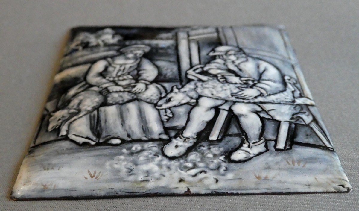 April: Medieval Shearing, Beautiful Limoges Grisaille Enamel, 19th Century-photo-3