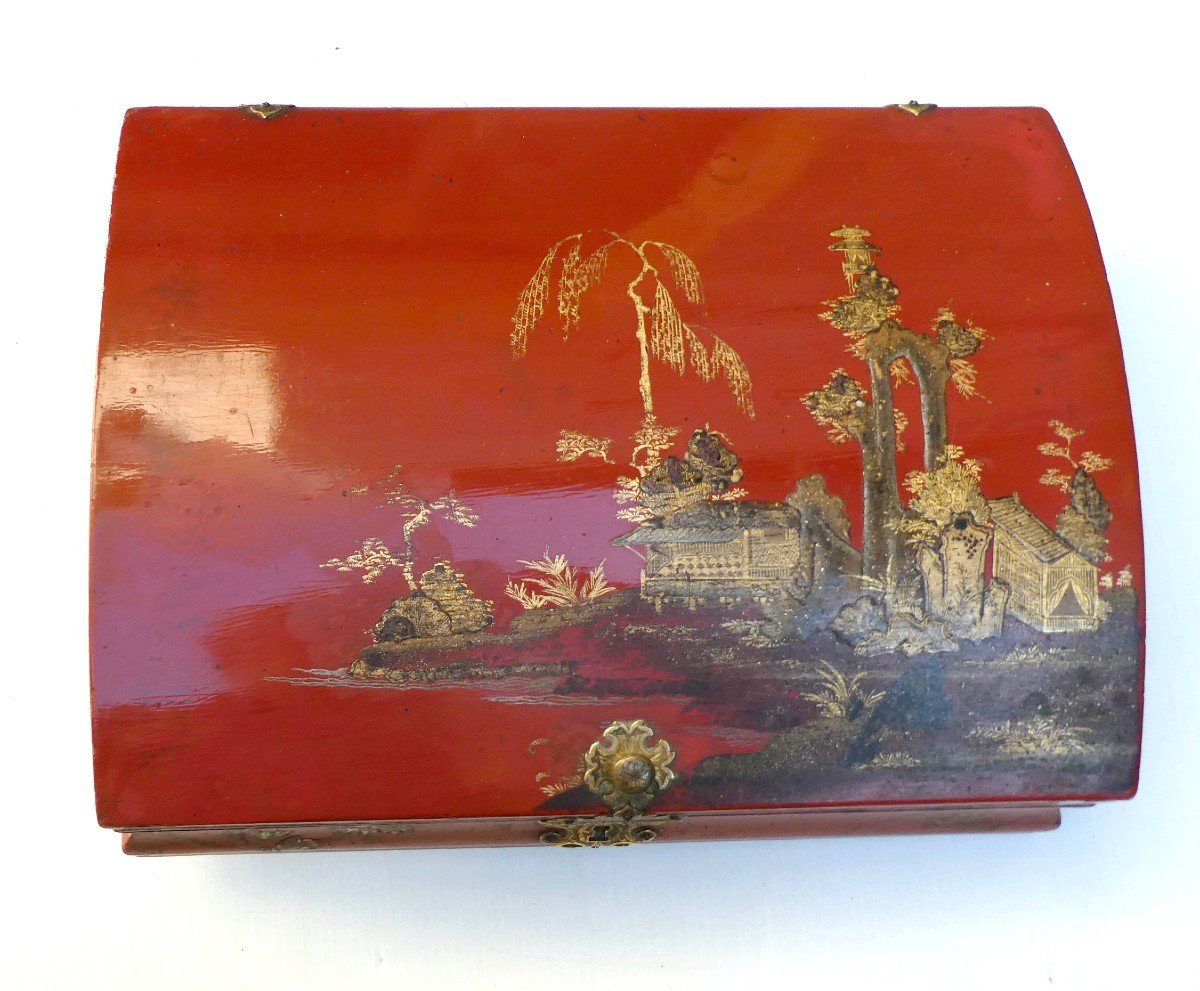Red Lacquered Wig Box, Gold Chinoiserie, Louis XV Period-photo-2