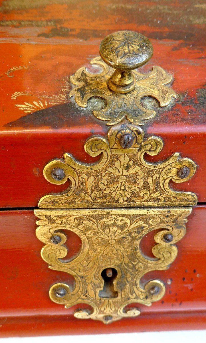 Red Lacquered Wig Box, Gold Chinoiserie, Louis XV Period-photo-2
