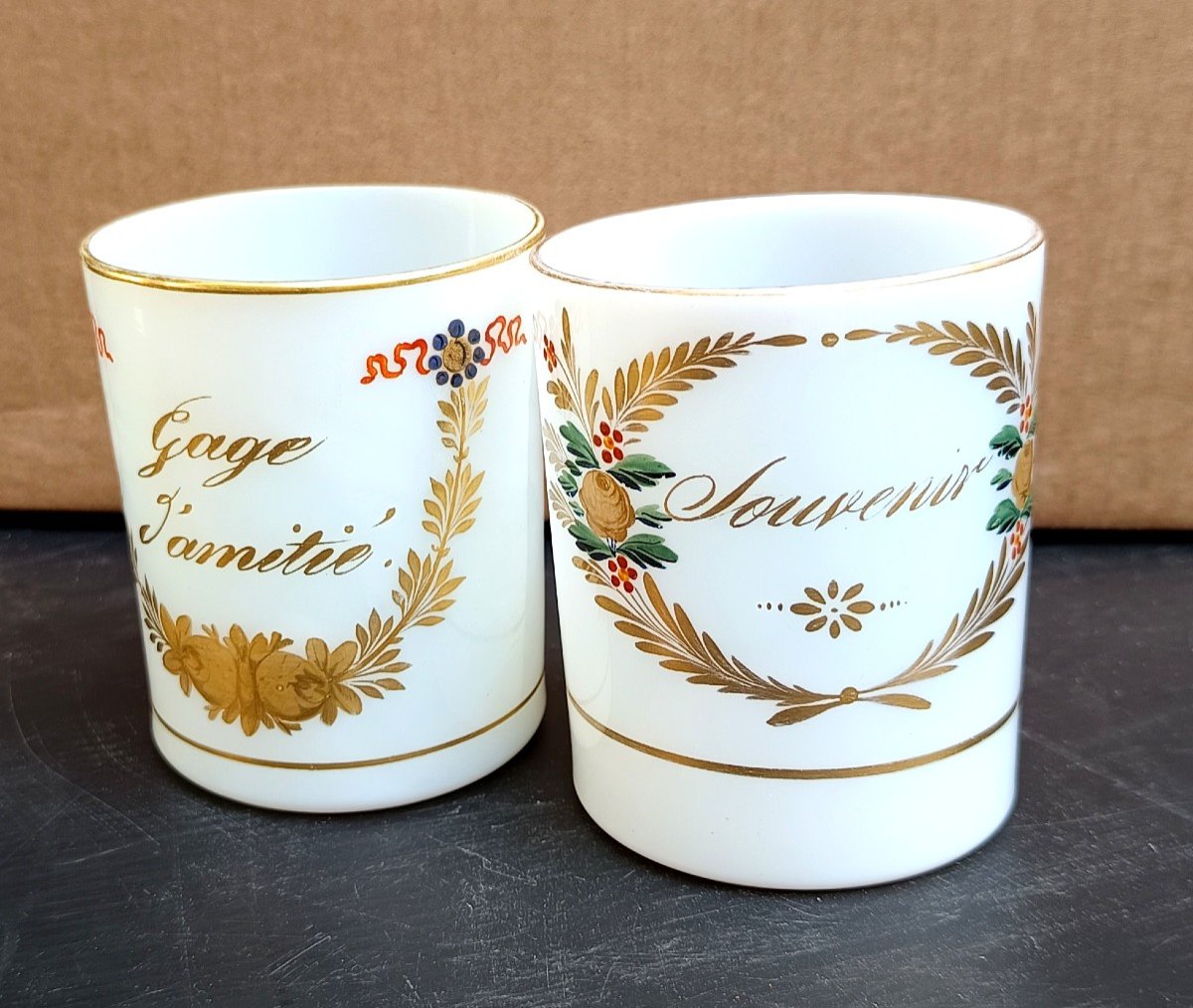 Deux Jolis Gobelets Opaline De Cristal, Palais Royal, Vers 1825, Amitié, Souvenir-photo-2