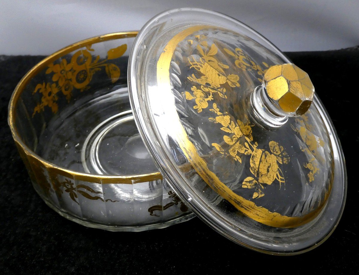 Précieux Confiturier Louis XVI Verre Soufflé-taillé-doré, Complet 3 Pièces-photo-3