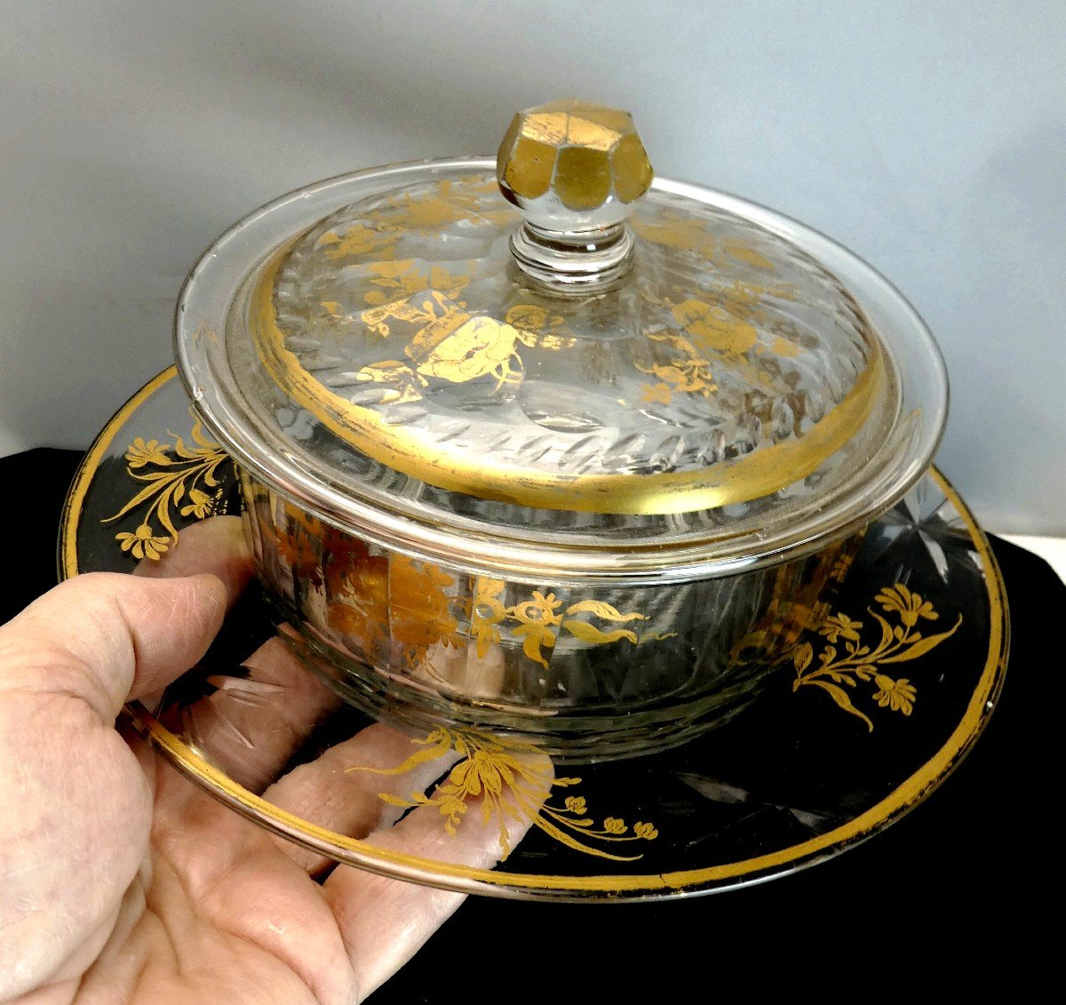Précieux Confiturier Louis XVI Verre Soufflé-taillé-doré, Complet 3 Pièces-photo-2