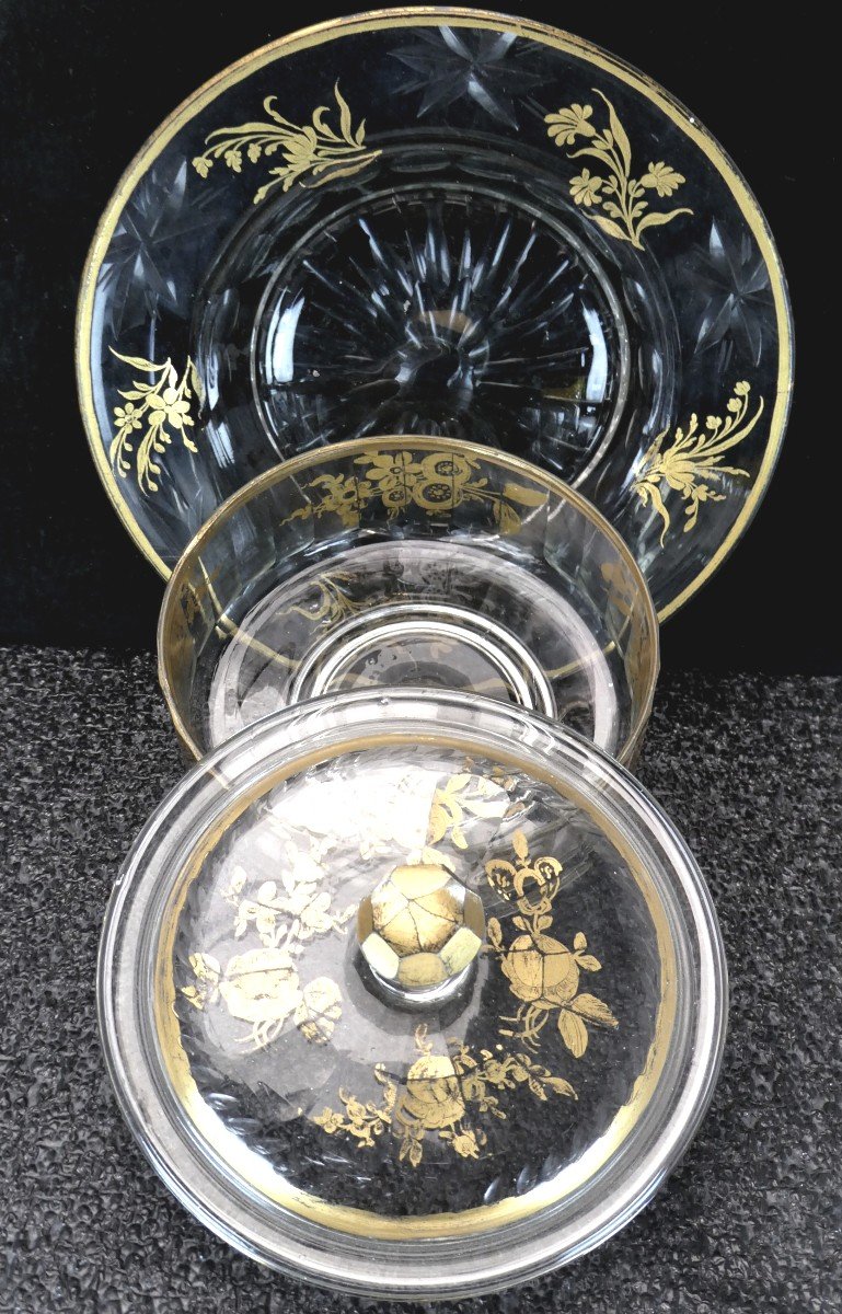 Précieux Confiturier Louis XVI Verre Soufflé-taillé-doré, Complet 3 Pièces-photo-3