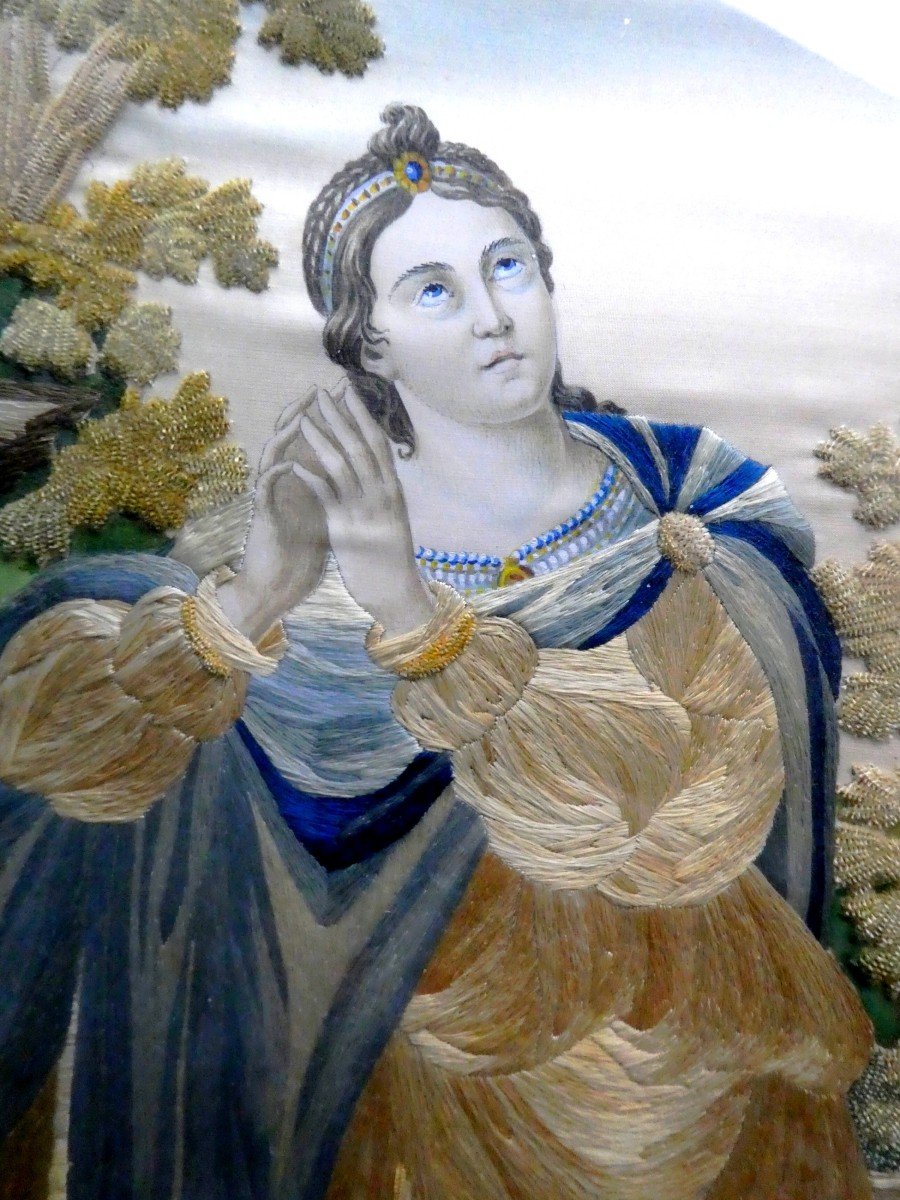 Saint Agnes, Silk Embroidery, Needle Painting From 1840, Good Condition-photo-2
