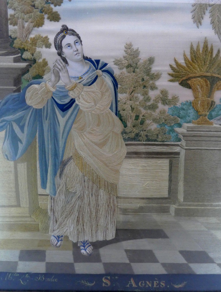 Saint Agnes, Silk Embroidery, Needle Painting From 1840, Good Condition-photo-3