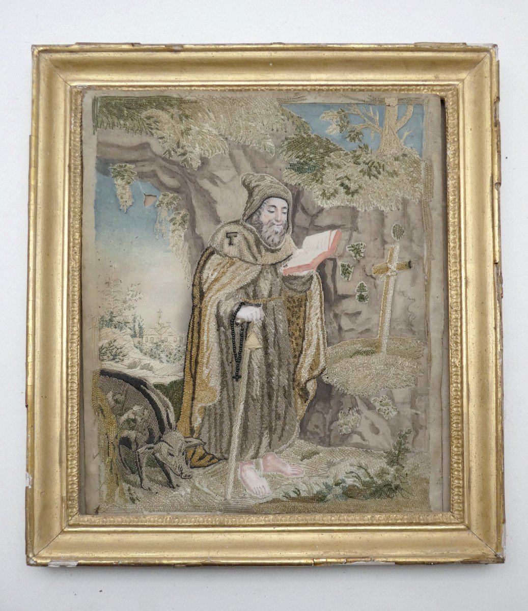 Peinture à L’aiguille, Fin 18e Siècle, Sur Soie, Saint Antoine Et Son Cochon-photo-3