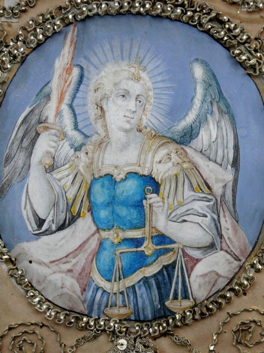 Reliquaire à Miniatures Sur Parchemin, Archange Et St Louis, 18e Siècle-photo-2