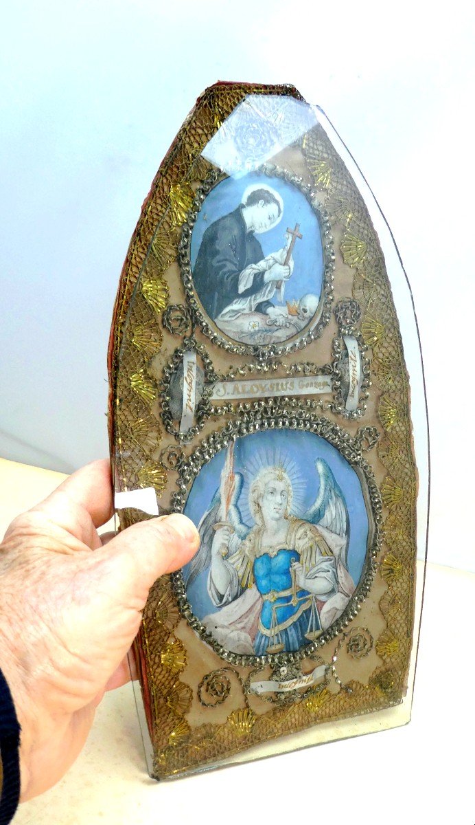 Reliquaire à Miniatures Sur Parchemin, Archange Et St Louis, 18e Siècle-photo-2