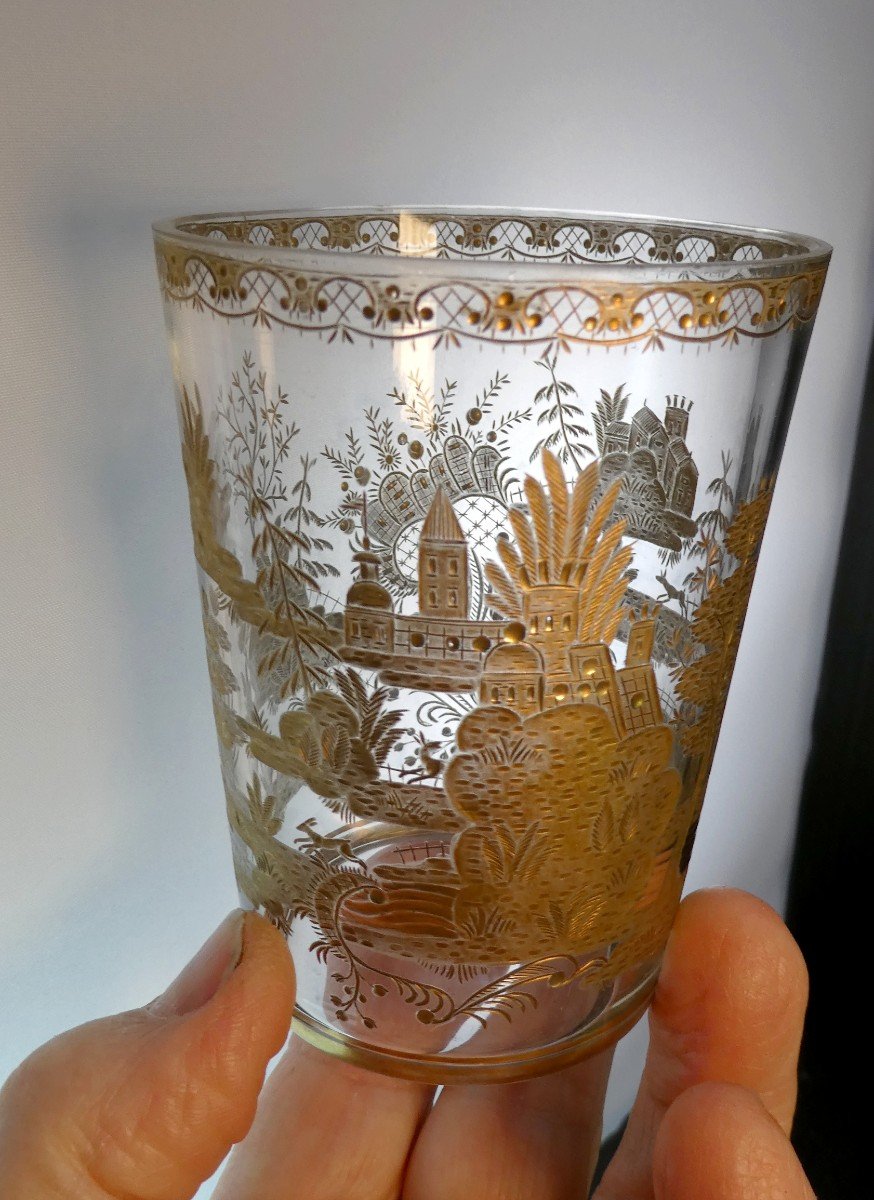 Espagne: Riche Gobelet Verre Doré, Manufacture Royale De La Granja, Fin XVIIIe Siècle-photo-3
