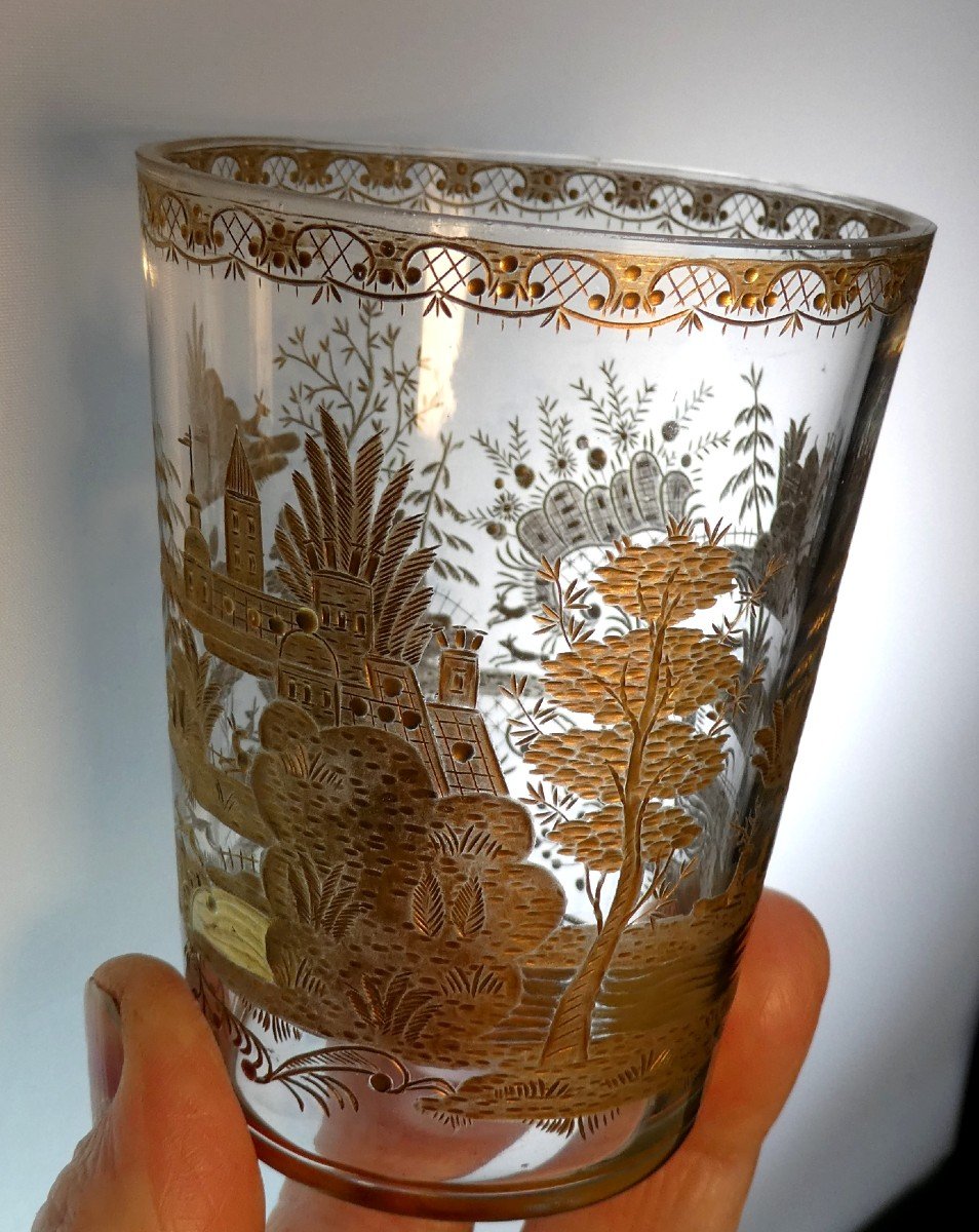 Espagne: Riche Gobelet Verre Doré, Manufacture Royale De La Granja, Fin XVIIIe Siècle