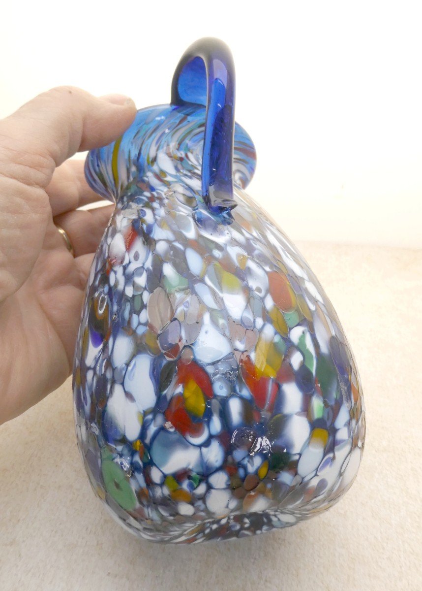 Joli Pichet Verre Soufflé Caillouté De Couleurs, Verrerie De Murano, 19e Siècle-photo-4