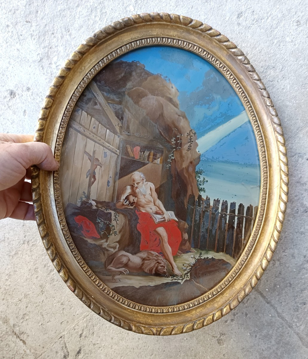 Sanct Jerome Hermit, Large Underglass Oval Painting,  18th Century-photo-3