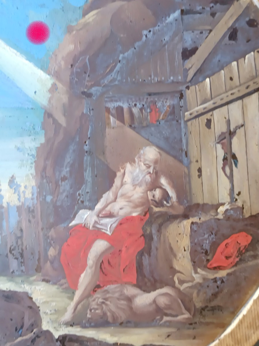 Sanct Jerome Hermit, Large Underglass Oval Painting,  18th Century-photo-2