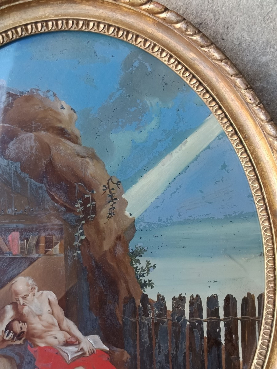 Sanct Jerome Hermit, Large Underglass Oval Painting,  18th Century-photo-3