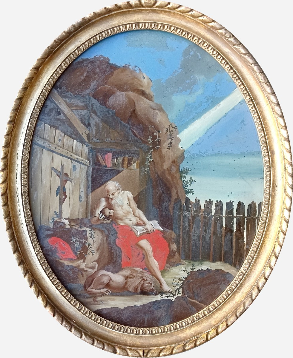 Sanct Jerome Hermit, Large Underglass Oval Painting,  18th Century