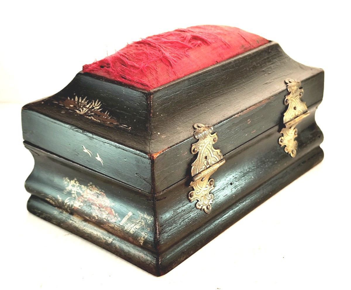 Louis XV Period: Black Lacquer, Gold And Silver Pin Box, Exotic Decor-photo-3