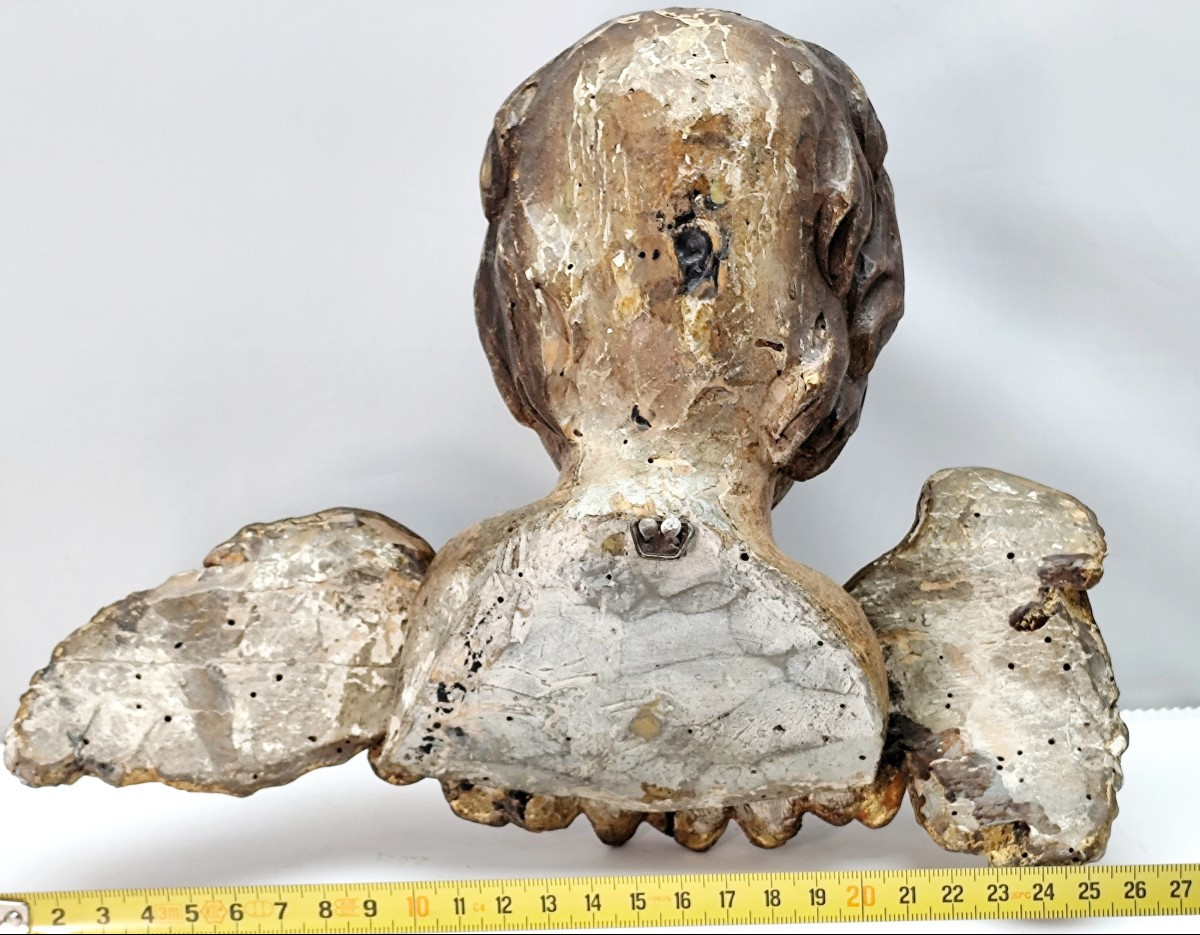 Angelot Bois Sculpté Et Peint, 18 Ou 19e Siècle, Charmant Visage Ancien-photo-3