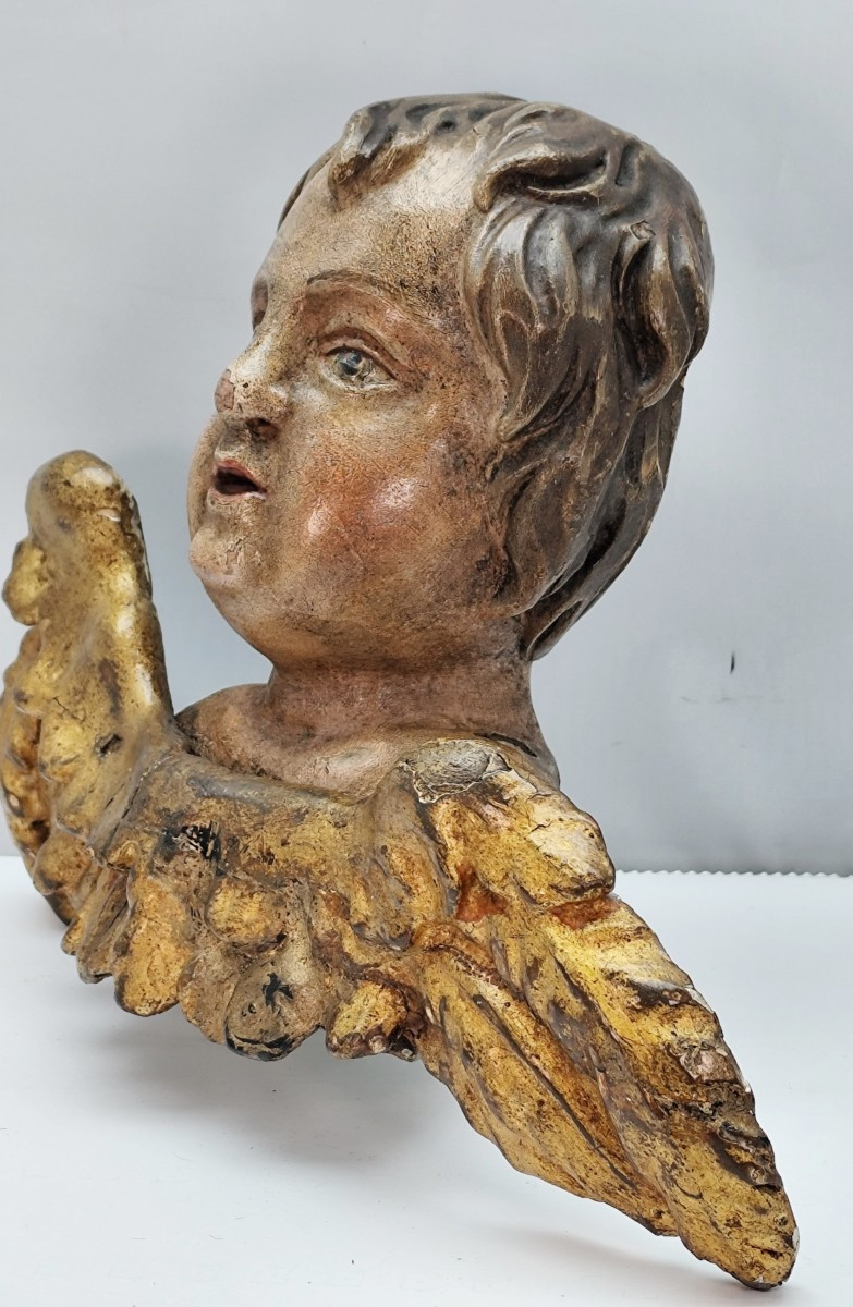 Angelot Bois Sculpté Et Peint, 18 Ou 19e Siècle, Charmant Visage Ancien-photo-4
