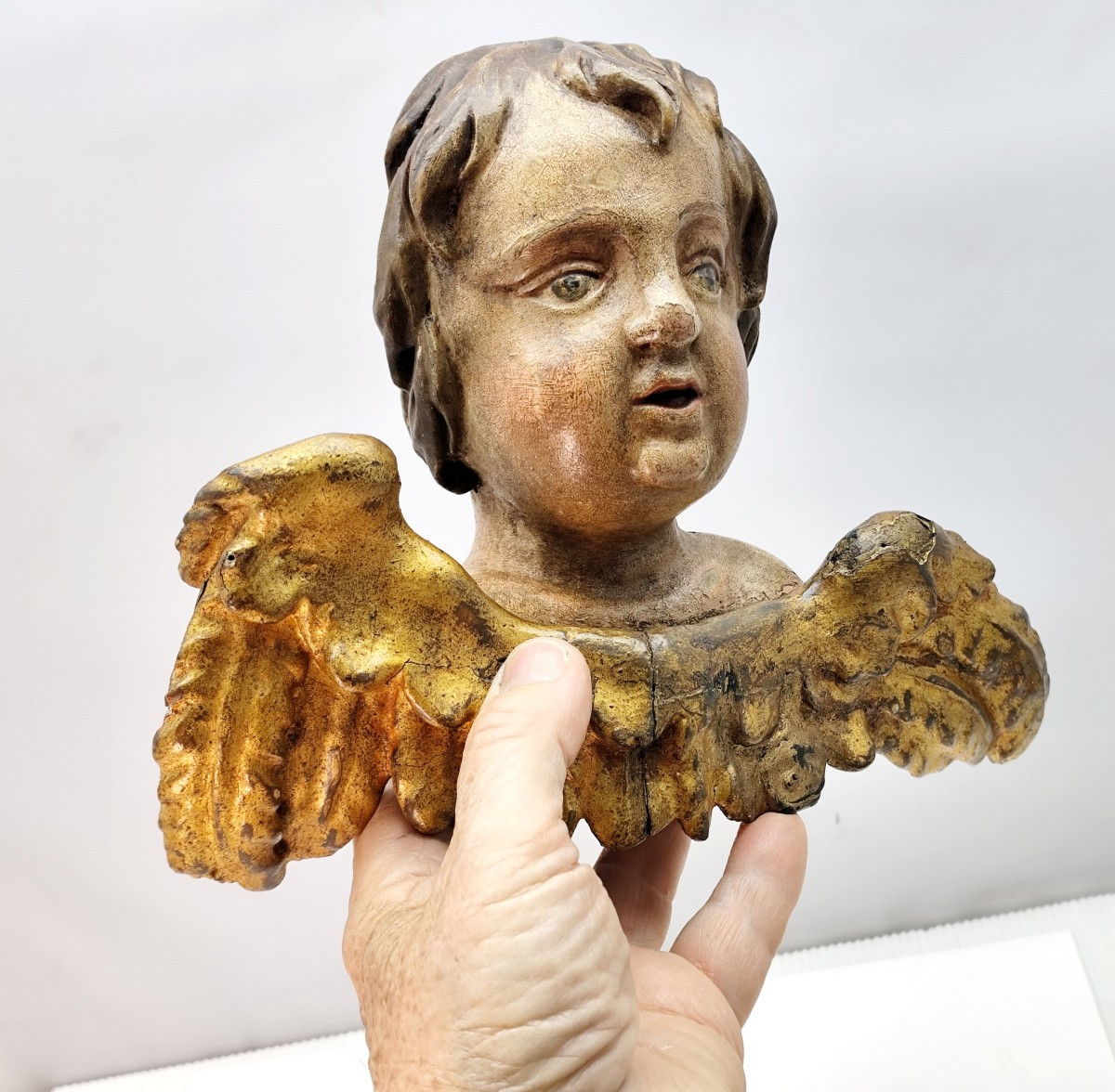 Angelot Bois Sculpté Et Peint, 18 Ou 19e Siècle, Charmant Visage Ancien-photo-1