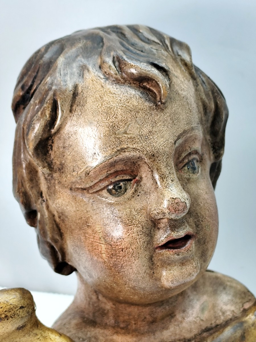 Angelot Bois Sculpté Et Peint, 18 Ou 19e Siècle, Charmant Visage Ancien-photo-2