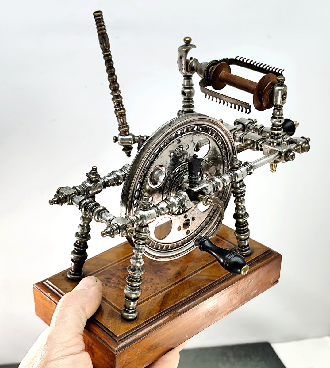 Precious Silver-plated Bronze Inlaid Spinning Wheel, Goldsmith's Work, Circa 1850-photo-2