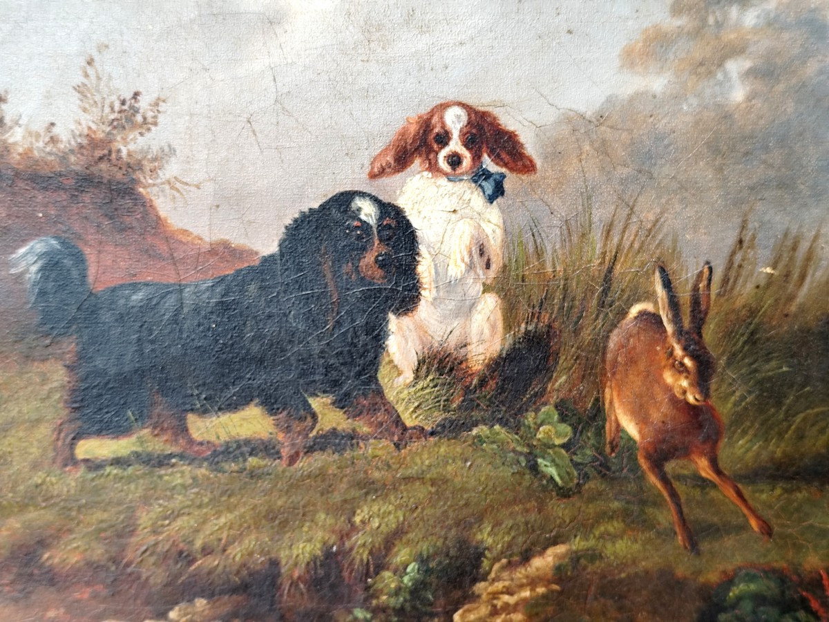 Portrait Of 2 Young Dogs, Peaceful 19th Century Animal Painting/1900