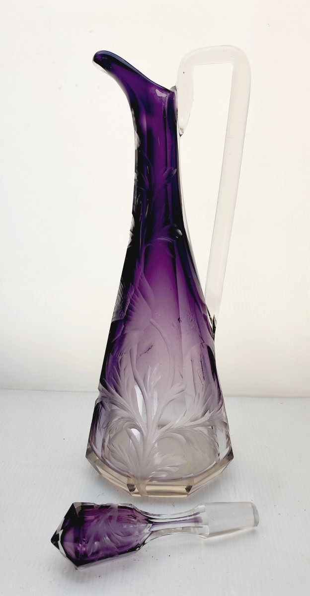 High Poppy-lined Crystal Ewer, Cameo Engraved, Moser, Karlsbad-photo-2