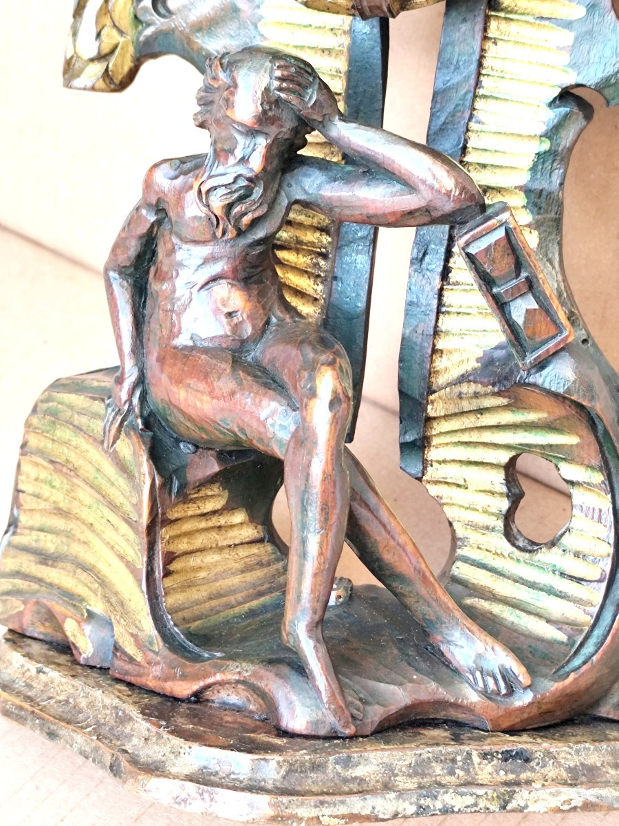 Baroque Watch Holder, 18th Century, Polychrome Openwork Wood:   Patience Of Chronos-photo-3